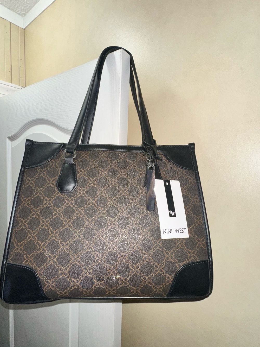 Nine West Brown Tote with Black Trim and Monogram Print